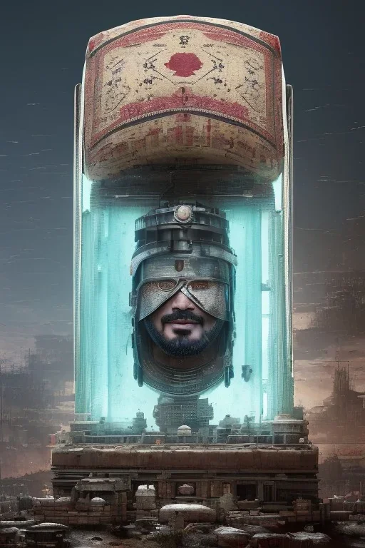 Ottoman Empire sultan head portrait, warrior armor , village, meditation, woods, galaxy sky, 8k quality , portrait,beautiful robotic ,ghost in the shell , post-apocalyptic in a cyberpunk city, realistic, intriacte detail, sci-fi fantasy style, volumetric lighting,24mm , particales,highly detailed,cinematic, deep purple , green eyes .