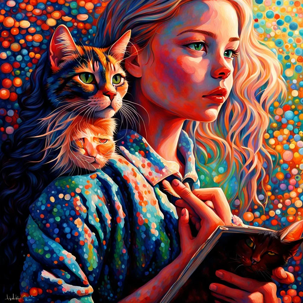 captivating and inspiring cinematic poster that features a young, determined girl and her brave Siamese cat. The girl, with her flowing hair, gazes intently ahead, clutching her sketchbook close to her chest. Her loyal feline companion, perched on her shoulder, looks ahead with unwavering confidence. The artistic style masterfully combines pointillism, realism, and fauvism, resulting in a visually striking blend of bold colors and intricate details. The background showcases a vibrant cityscape w