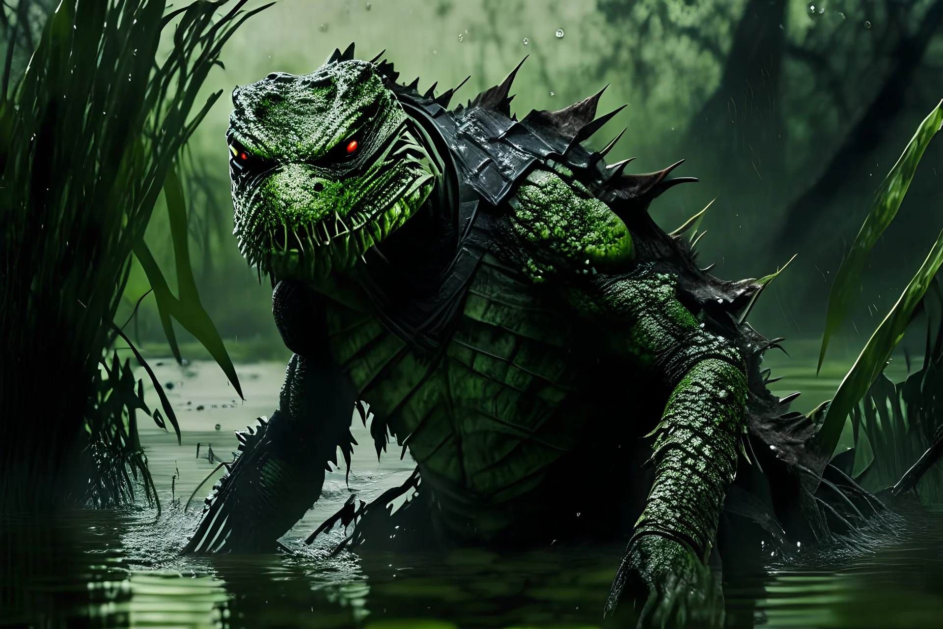 10k hyper realistic detailed Reptile the masked green reptilian ninja assassin using his poisonous claws and camouflage to hunt (mortal Kombat) in a dark swamp emerging from muddy swampwater