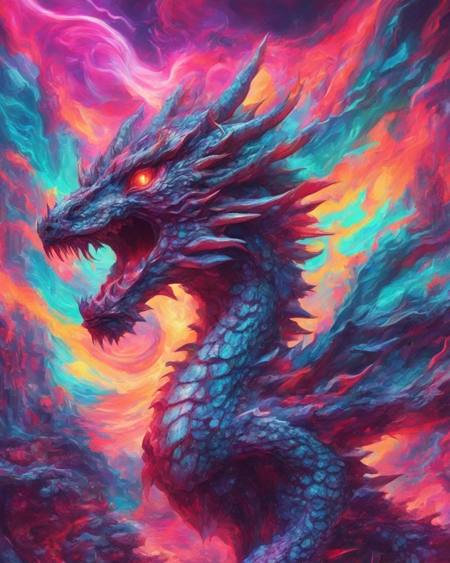 Close up shot, Dragon in a vibrant synthwave dreamscape, neon chaos swirling energetically around pixelated forms, a dynamic fusion of retro gaming nostalgia and futuristic abstraction