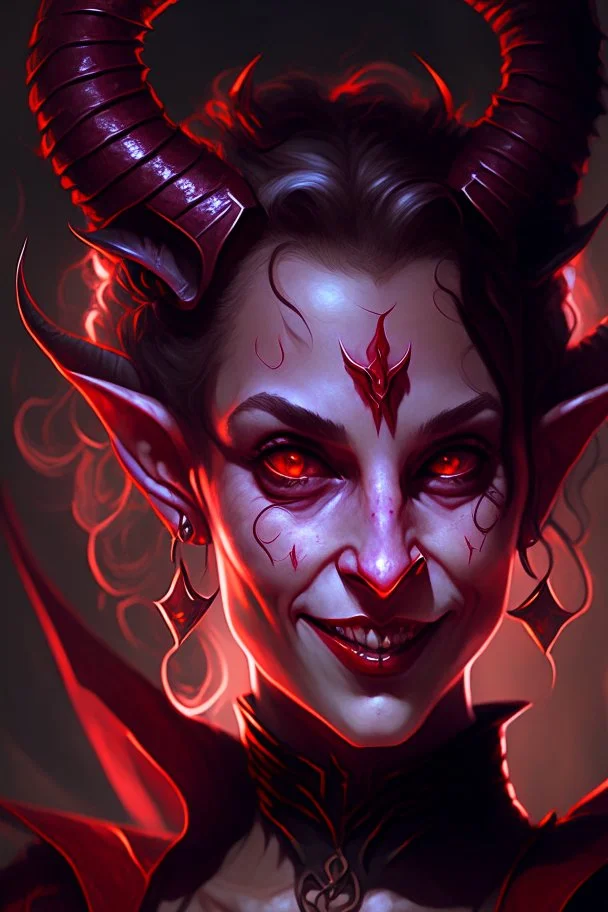 Portrait of a Dungeons and Dragons Tiefling girl with deep red sin, pretty, beautiful, symmetrical horns protruding fromn forehead, devil horns, smile, epic lighhting, cinematic, fantasy, , high quality, best quality, high definition, masterpiece, 8k, artstation, artwork, concept art