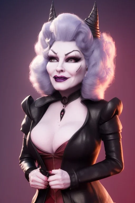 Mae West as evil queen in black leather, leather, busty, cleavage, angry, stern look. character design by cory loftis, fenghua zhong, ryohei hase, ismail inceoglu and ruan jia. unreal engine 5, artistic lighting, highly detailed, photorealistic, fantasy