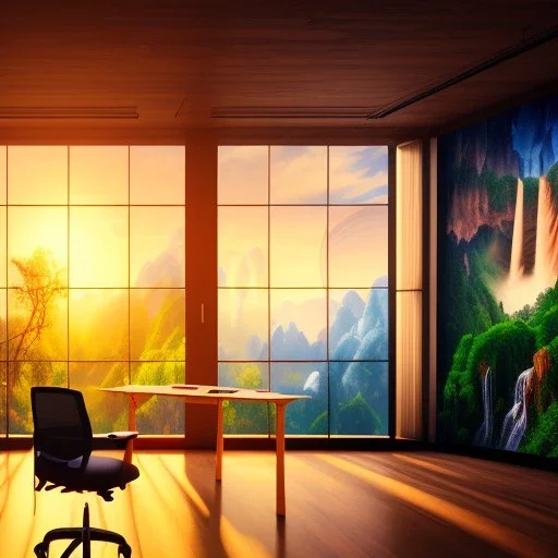 old wood sober house, large desk, parquet, sheet of paper, little pen, office chair in front of a huge picture window with large view on a waterfall with warm light, sunset ,photorealistic, detail, panorama, nature, globe, 8K, Hallelujah mountains, view first person