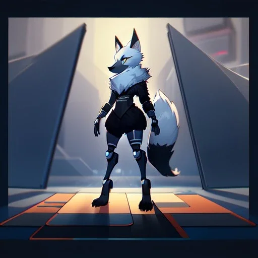 a fox fursona, darker colors, master quality, backlighting, soft lights, full body portrait, in frame, 8k, furry, fur, dark color pallet, robotic arm, cyberpunk, anthropomorphic, perfectly drawn face, well drawn paws