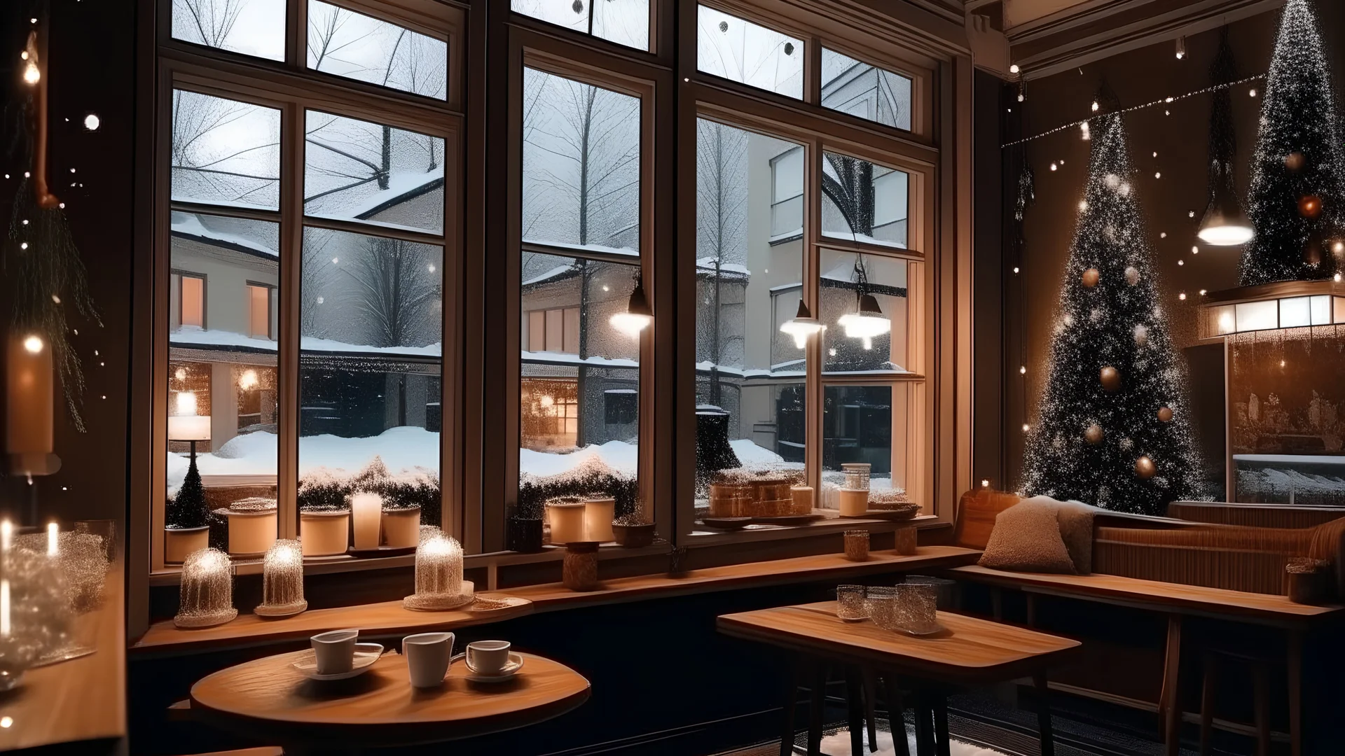 the inside of a luxury Cozy christmas cafe. there is a large window and outside you can see the street it is snowing. the inside of the cafe is christmas decorated. there is a table with desserts and hot chocolate
