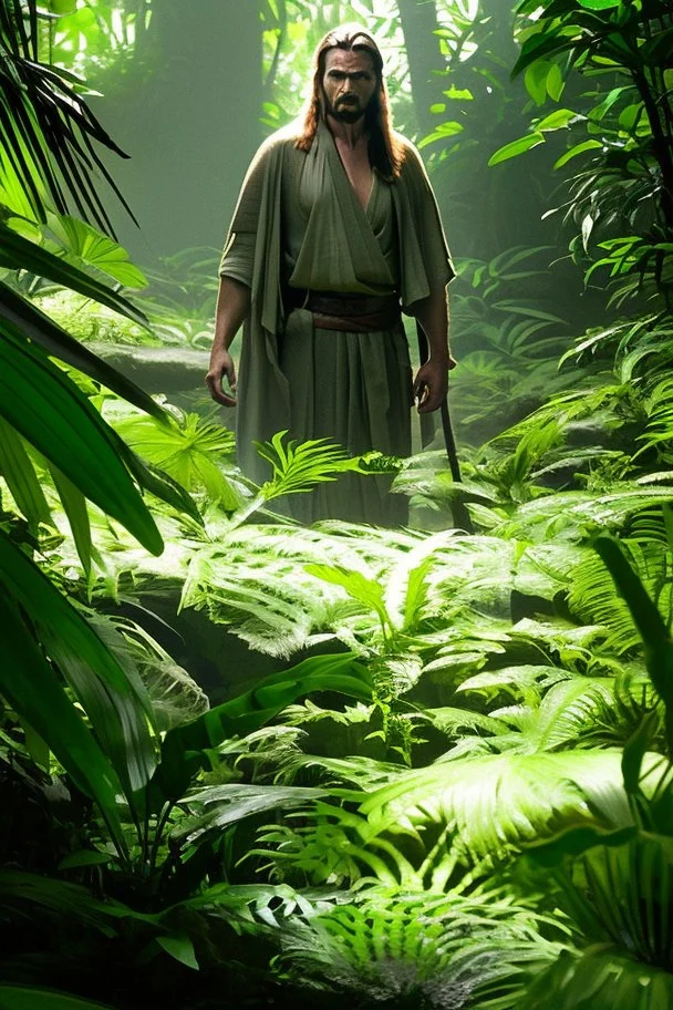 In a lush and vibrant jungle, a sense of mystery and adventure fills the air. The diffused lighting and clever interplay of shadows add to the allure of this captivating scene. As you venture deeper into the foliage, you encounter a remarkable individual who commands attention - the legendary Qui-Gon Jinn, a wise Jedi Master in the prime of his 20s. Donning an intriguing scifi-inspired outfit, Qui-Gon exudes an aura of serenity and grace, drawing you into the essence of a true Jedi. The intricat