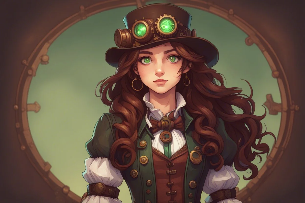 Девушка с длинными, волнистыми темно-каштановыми волосами, зелеными глазами, одетая в одежду в стиле стимпанк, stardew, стиль долина, подросток