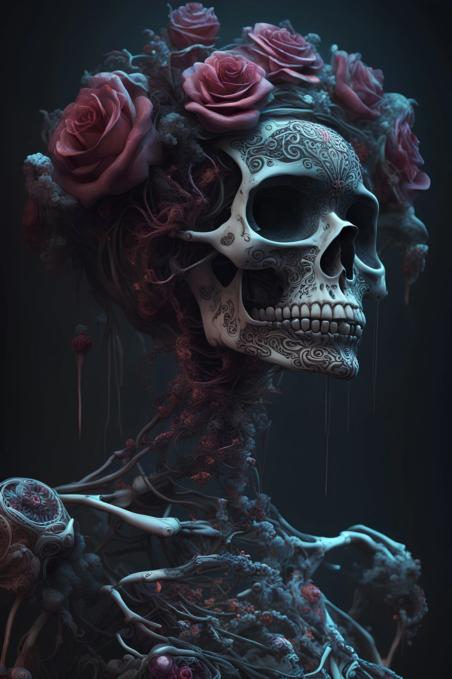 a chaotic goddess of death skeleton as a heroine, intricate, elegant skull black rose s day of the dead atmospheric, dramatic, Trending on artstation. augmentations and cybernetic enhancements neon circuits, greg rutkowski , hyperrealist, cinema4D, 8k, highly detailed