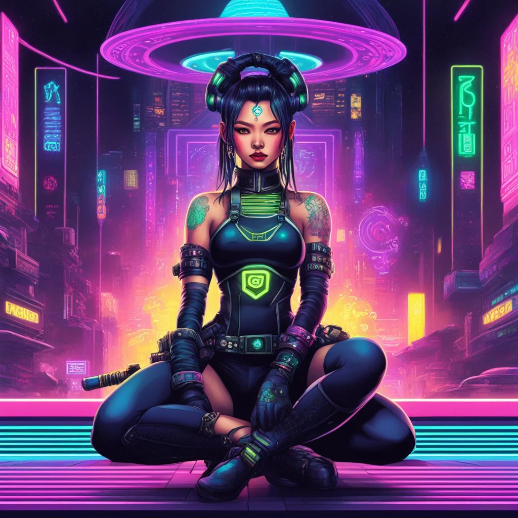 [psychedelic pixel illustration by Jannell Jaquays with Solstice colour palette] Neon Void (AcidHouse Space Opera) a Neo-cyberpunk asian warrior girl with barcode tattoo sits in front of the camera, weapons ready to engage, casino in the background