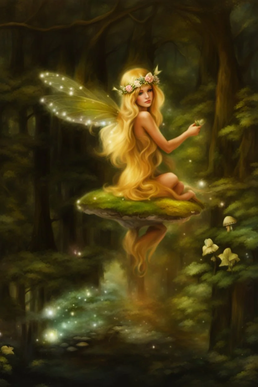 Fairy Princess, long blonde hair,long golden hair, Fairy crown ,fairy, fairy wings, flower crown,mushroom,sparkle,,Lilly of the valleys