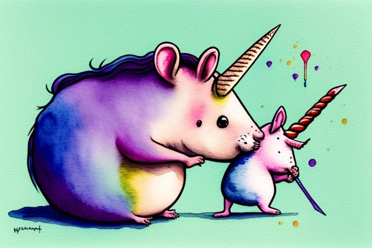 A crazy hamster is stabbing a unicorn. Watercolour