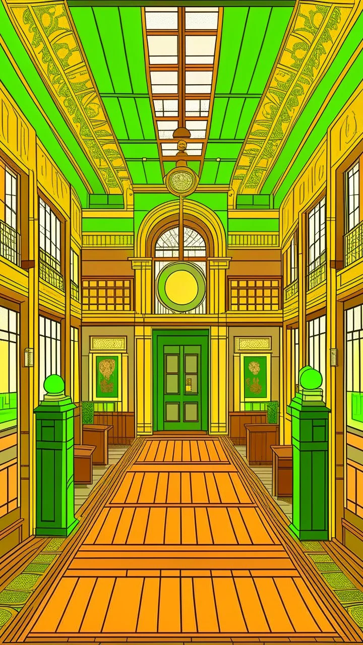 sports club in the style of winsor mccay, green and ocher palette, dreamlike details, ducts, doors, passageways, tracks and pipes