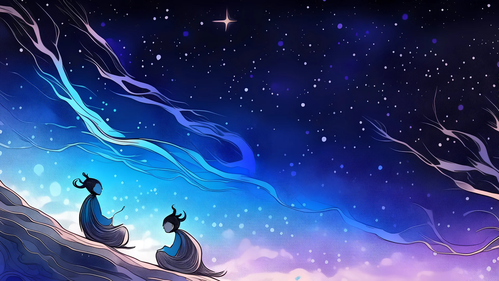 Draw a man sitting on the left side of the picture and a woman sitting on the right side, gazing at the starry sky, in the style of ancient Chinese Dunhuang painting, panoramic composition, 16:9