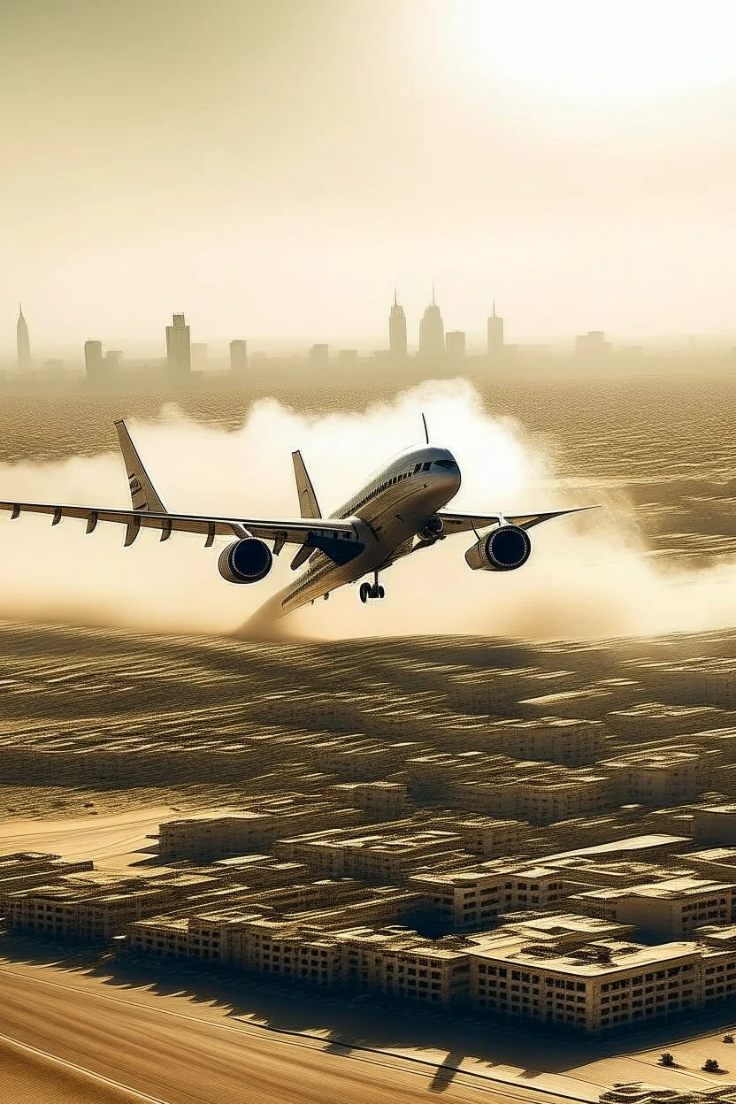 make a plane flying over a city throwing some sahara dust