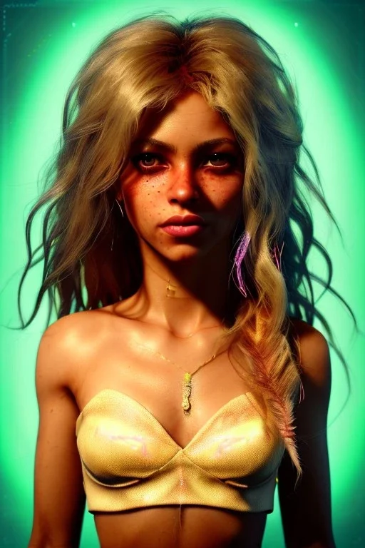 Shakira, artist, 30 years old, Realistic image, waist up portrait, etro style dress. Blonde, feathers, loose long hair, eyes make up, perfect, glow, circle iris. Neon colors, leds, geometric shapes. Dark background, photo studio, neon lights. Cyberpunk, concept art, smooth, unreal engine 5, god lights, ray tracing, RTX, lumen lighting, ultra detail, volumetric lighting, 3d, finely drawn, high definition, 4k.