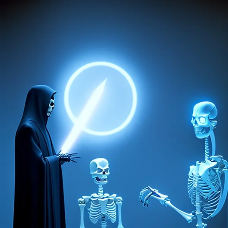 The Grim Reaper and the Skeleton in Tron world, discussing the future of the universe, art by Magritte and Pixar