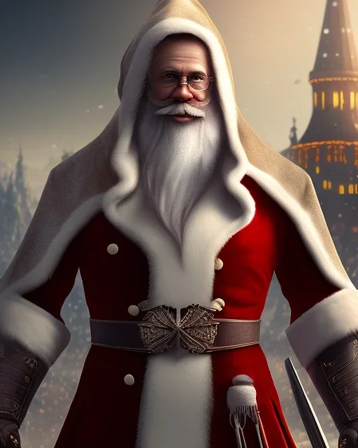 Santa Cruz with long Beard in red assassin Creed clothes, standing in a roof,full detail face, high details, cool 1800 city background,