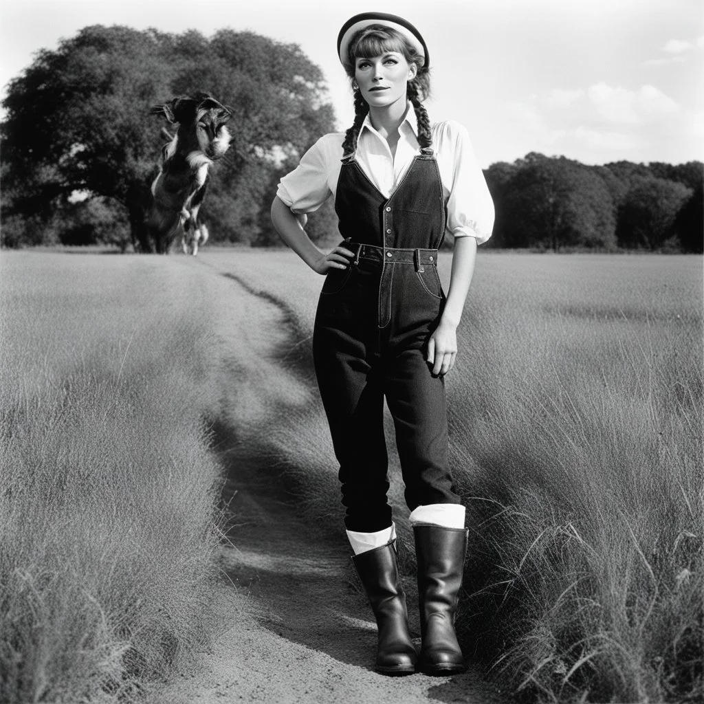 [photo by Helmut Newton] Grown up Pippi Longstocking: with a revealing overalls and cowboy boots in a field