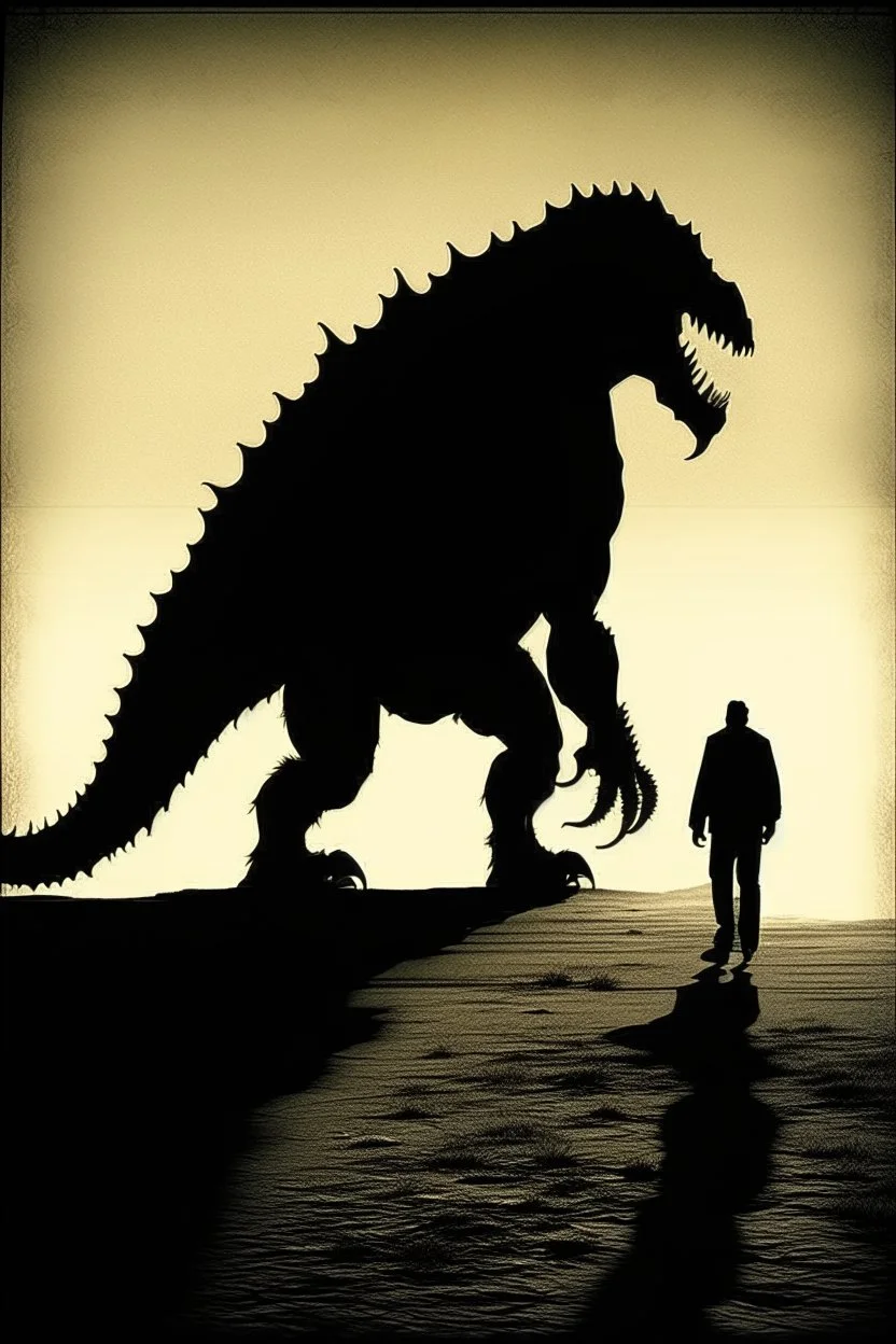 a distressing image of a person walking with a monstrous creature as their shadow