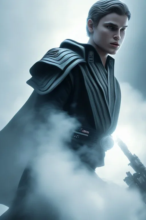 All Black Anakin Skywalker soldier, ghost, wearing high tech mask, white smoke, dark, rage, sorrow, high definition, ultra 8 k, volumetric lighting, blue fire, fog