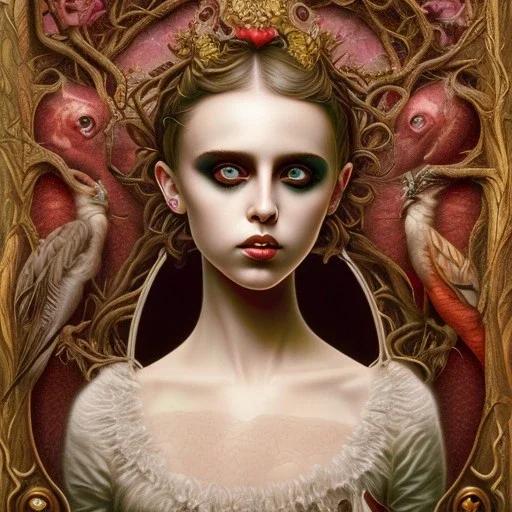 singer Danish MØ face, style surrealism by <Mark Ryden>, blood, guts, darkred tones,