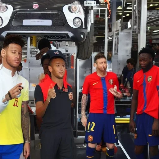 Neymar, Messi e Pelé trabalhando na Fiat linha de montagem