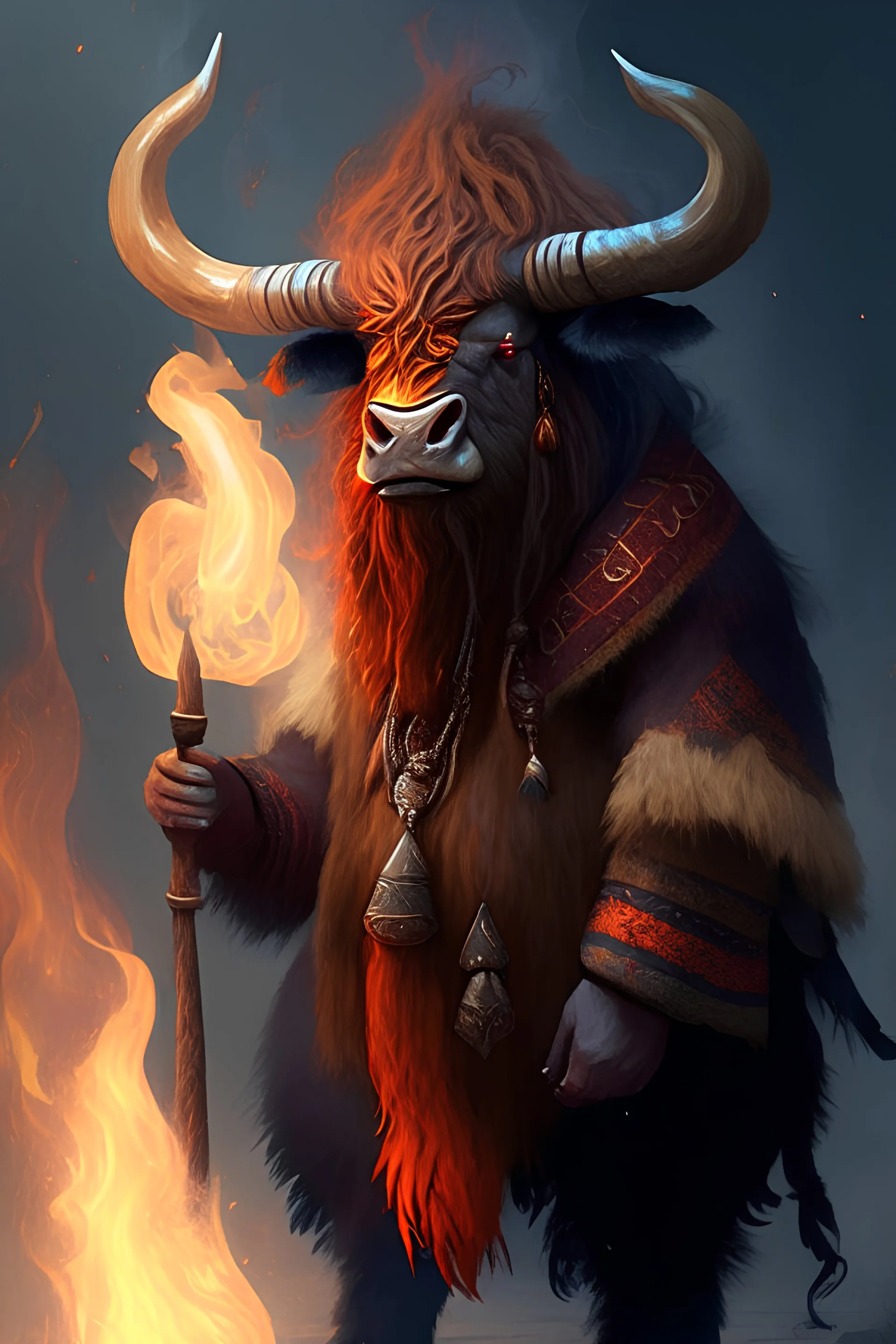 A yak that is styled after a dungeons and dragons minotaur who is a fire wizard