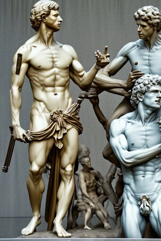 in a modern art display, two famous statues are next to each other, one is David and the other is the Discobulus statue. The discobulus hand covers the private part of David, they both look disgusted at each other