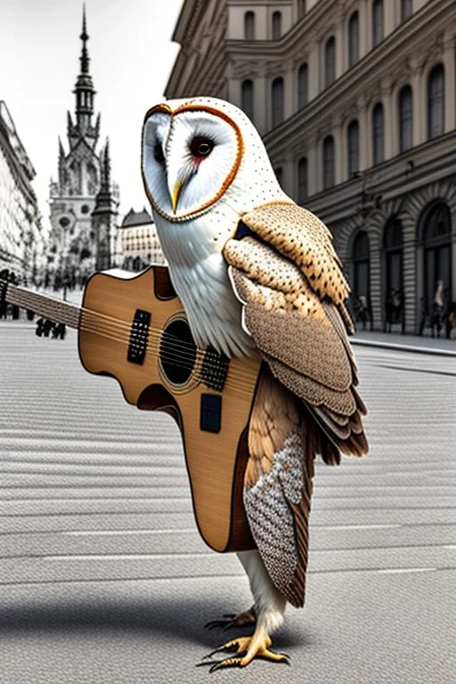 One single mature barn owl, playing guitar in the street , Vienna, friendly, sunny day, model style, hyper realistic, extremely accurate, delicate, extremely detailed, Graphic novel style, wide-angle, open aperture, superfine pencil