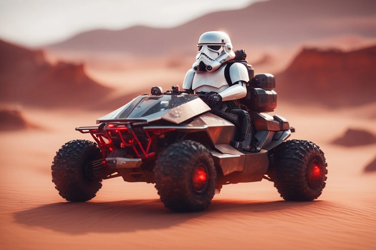 lowpoly storm trooper bear driving highly symmetric metallic rocket propelled mad max ATV that looks like a helmet with rounded glass bubble roof in red desert, bokeh like f/0.8, tilt-shift lens 8k, high detail, smooth render, down-light, unreal engine, prize winning