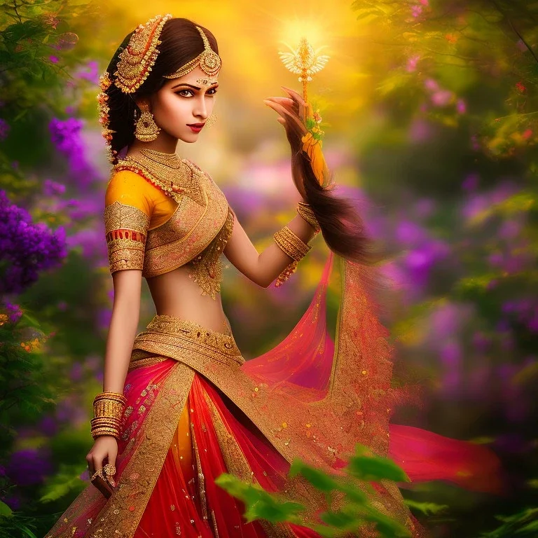 bright indian fairy, beautiful portrait, flowery landscape, light, sun