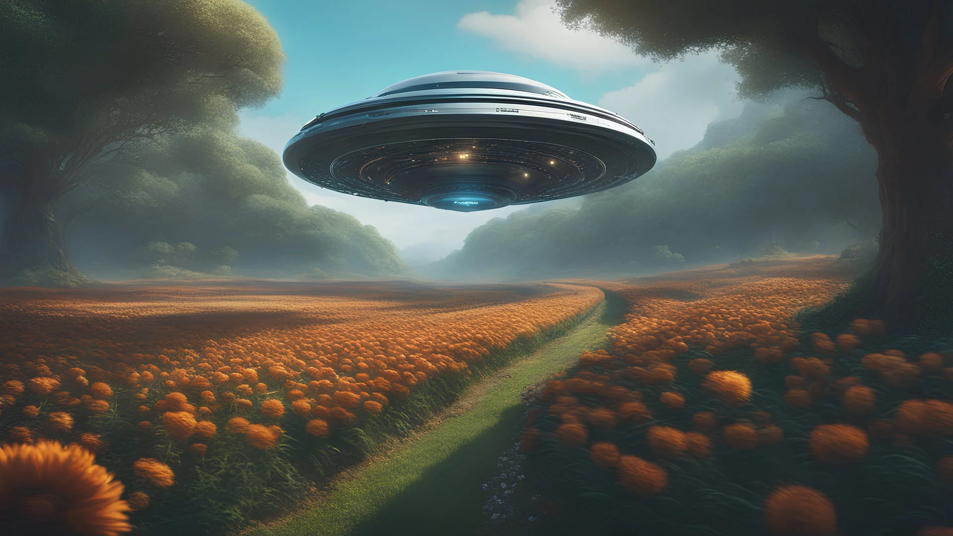 An UFO flying above flower ground, outer space, vanishing point, super highway, high speed, digital render, digital painting, beeple, noah bradley, cyril roland, ross tran, trending on artstation