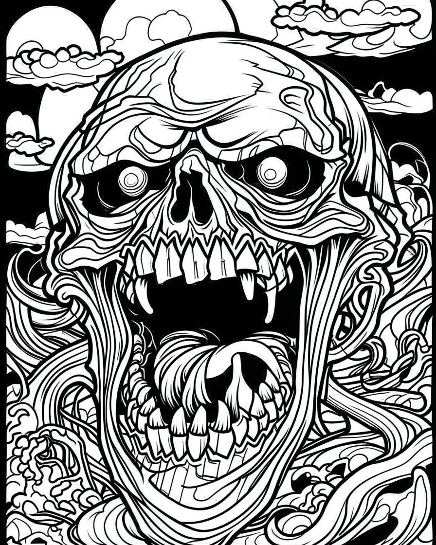 create a 2d black outline, "scary psycho monster death deformation on face and psycho smile coloring book for adults", coloring page, low details design, black contour, coloring page design, coloring page for adults,horror background, black contour and white space beetween contour, same contour,sketch style, horror style, creepy style, minimalist, halloween background,simple, white background