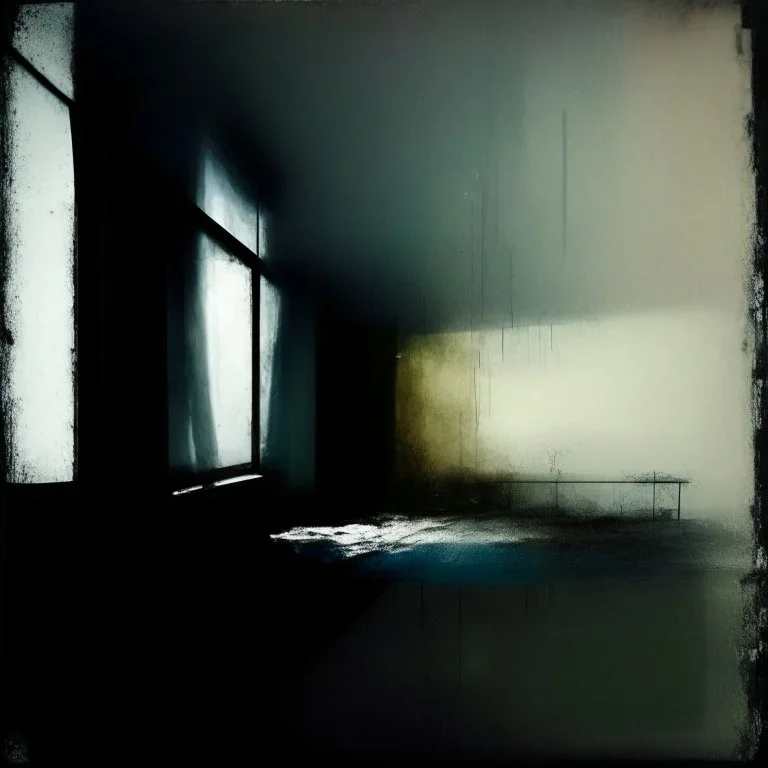 Minimal abstract oil painting, industrial concrete room with light through square blurry window. Dark shspes of human. style of Justin Mortimer and Francis Bacon