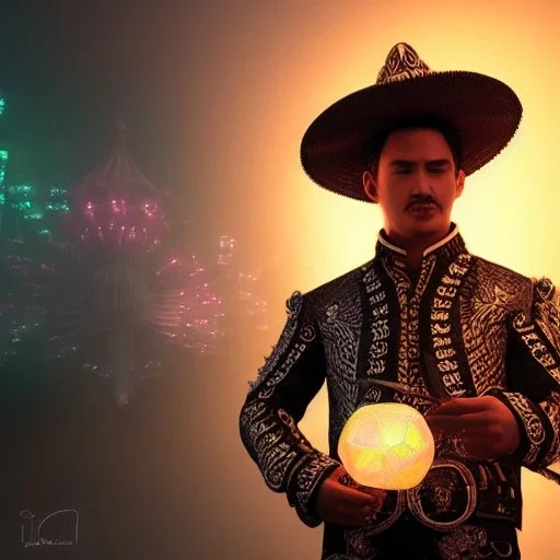 Insanely detailed photograph of an “male mariachi holding glowing D20” with intricate detailed Sombrero, intricate charo, hyperdetailed painting by Ismail Inceoglu Huang Guangjian and Dan Witz CGSociety ZBrush Central fantasy art album cover art,8K, hdr, mysterious, flickeringlights ,Stoic