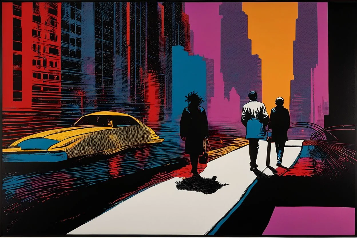 classic painting of a cyberpunk colourful walkway with two people making an exchange in the city with pollution by andy warhol