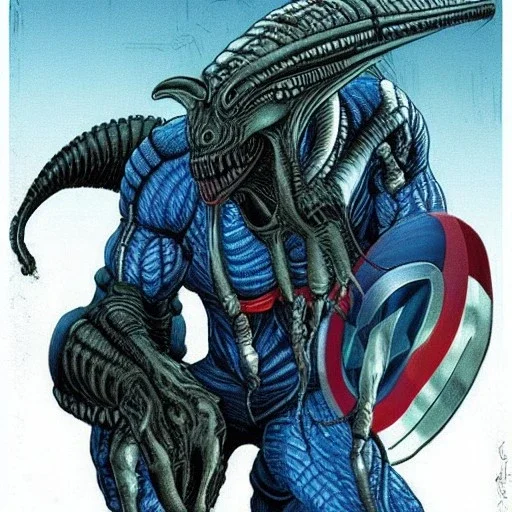 crossover between alien xenomorph and captain America