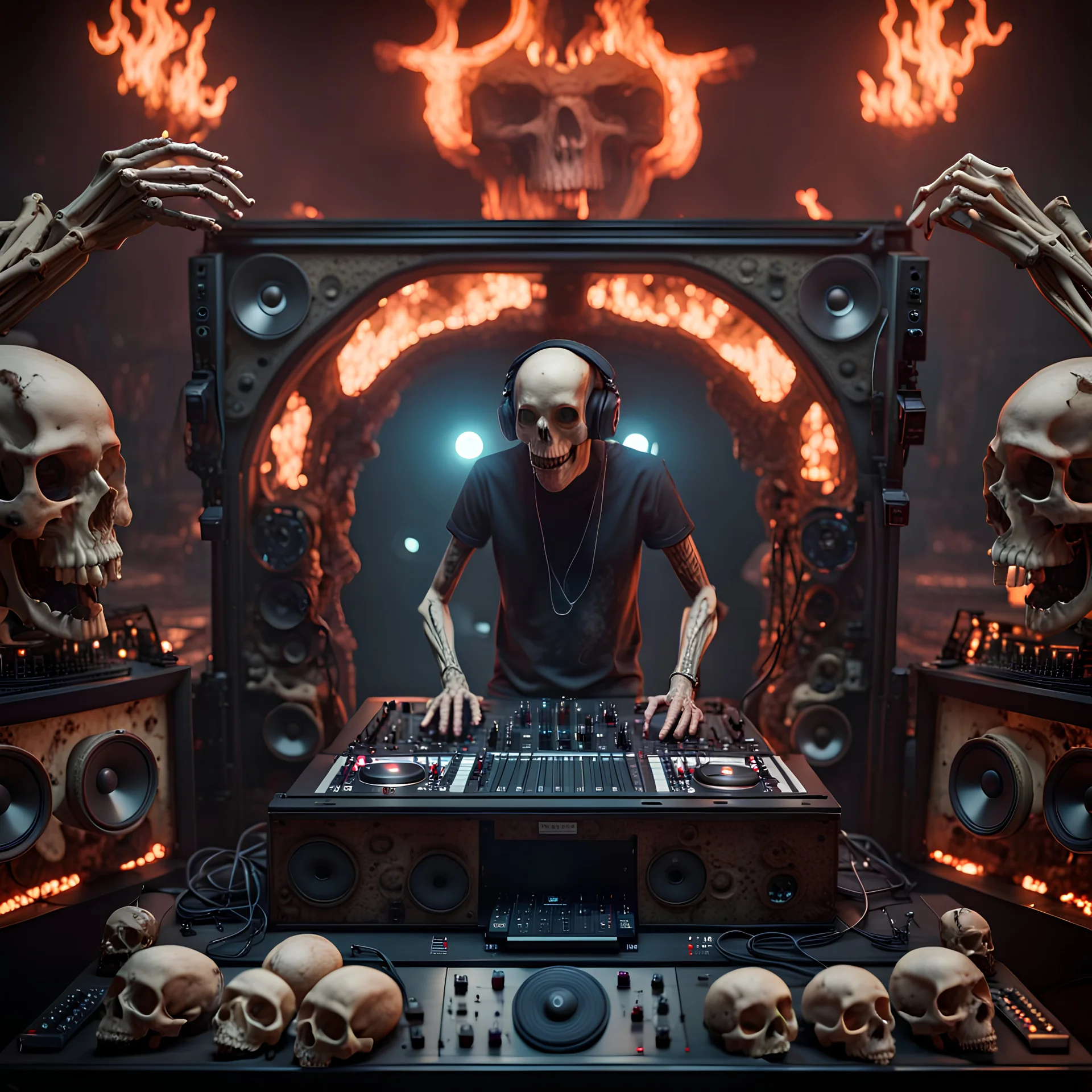 DJ of the damnded, insanely detailed DJ booth in hell, MID set, speakers and equipment made of bone, anatomically correct, add more skulls in th audience, photorealism, vray, 8k 3d