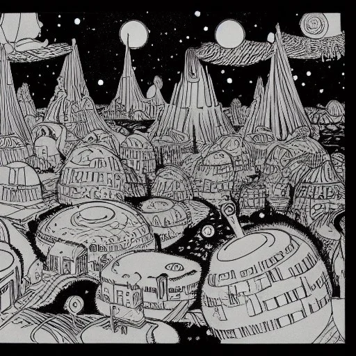 Village in the cosmos in Winsor McCay style and dr seuss style