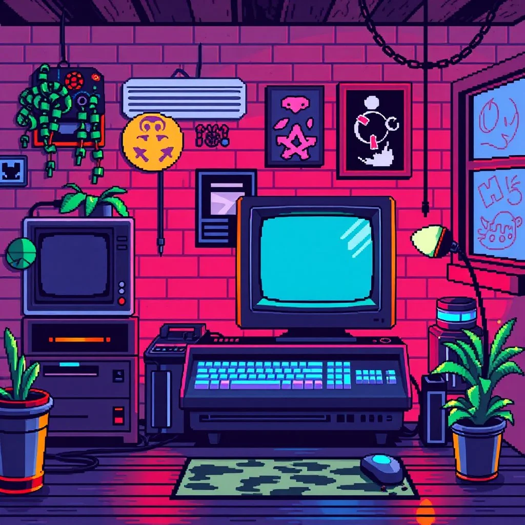 8 bit pixelart of retro pc, synthwave, indoor