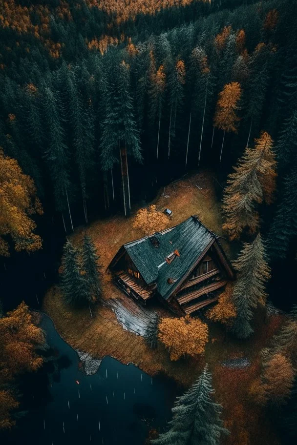 aerial view from wild destination with old cabin into a forest, is autumn and moody rainy day, photography details 4k