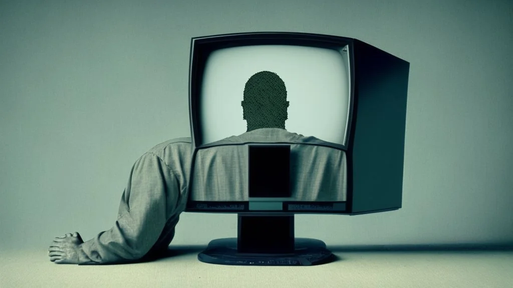 man no head, with monitor as head,