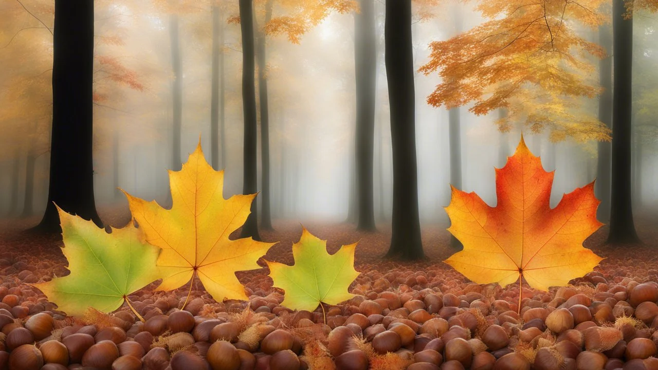 Theme Autumn. Triple exposure. Bottom layer is a misty view of an autumnal forest, leaves changing colour, fallen leaves on the ground. Second layer shows chestnuts, acorns, berries from a closer viewpoint. Top layer is semi-transparent and shows large perfect autumnal maple leaves. The whole image melds together into a commentary on the autumn season in nature.