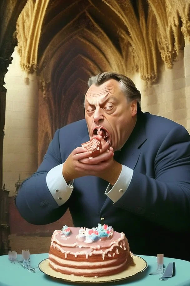 viktor orban being afraid eating cake in a castle