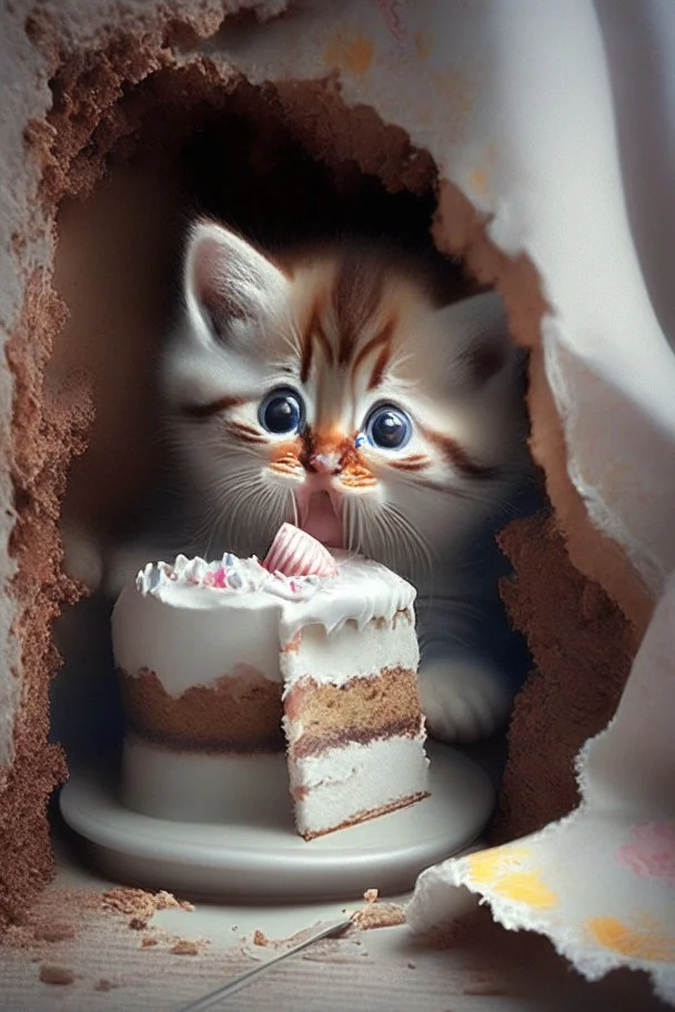 baby kitten hiding eating cake