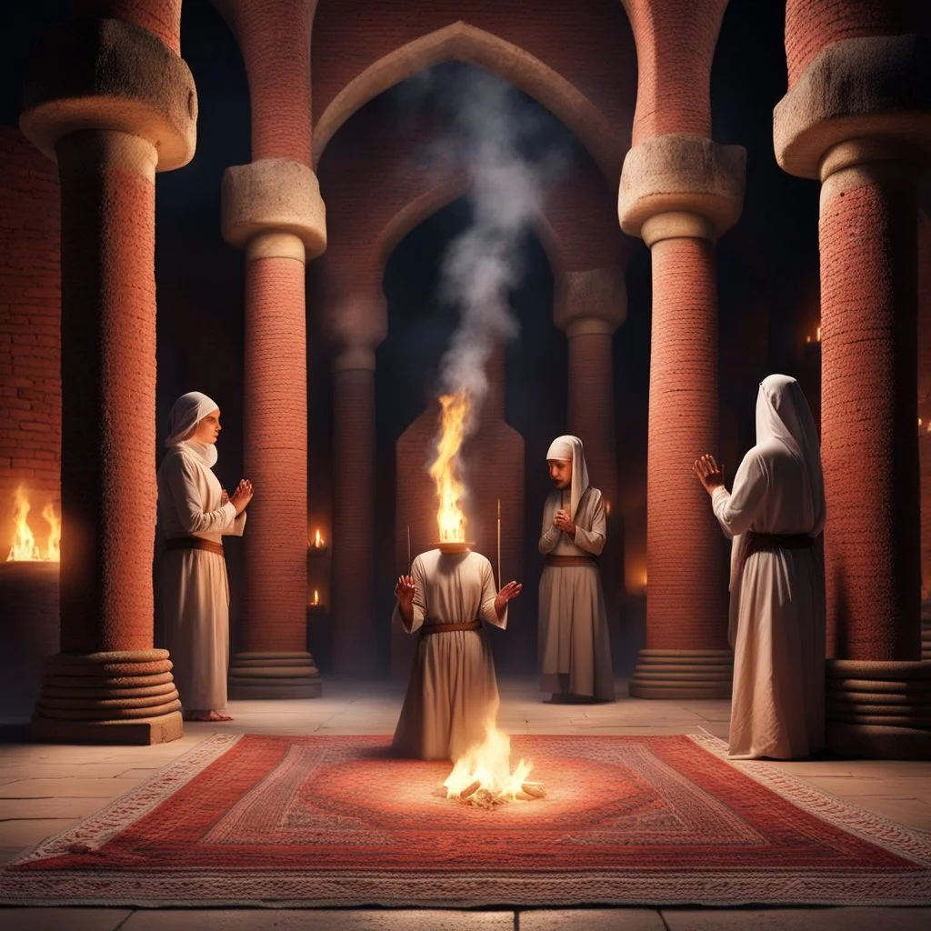 Hyper Realistic people praying inside prehistoric brick mosque with ancient flame torches with tore carpets at night