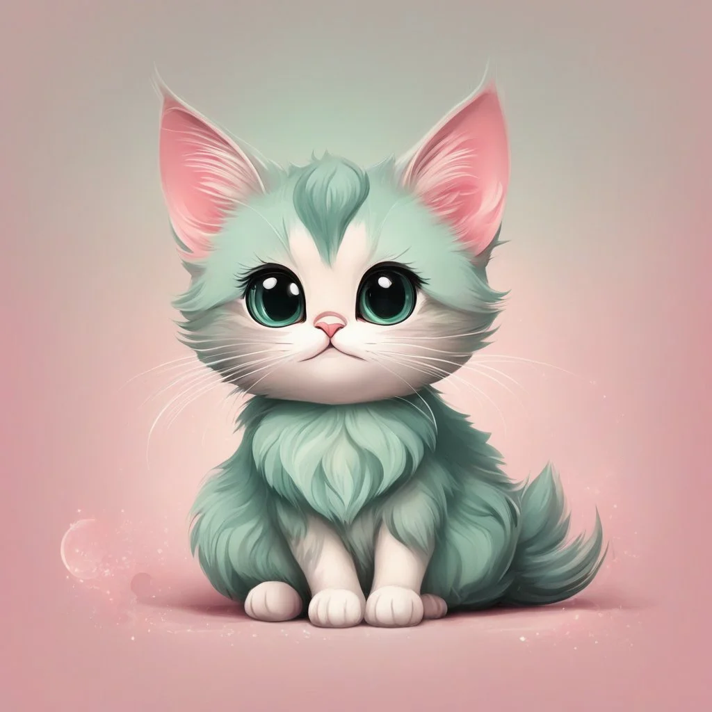 A charming digital art piece showcasing the cuteness of a mint-colored cartoon cat, set against a soft and inviting pink background, (charming digital art:1.4), (cute cartoon cat:1.5), (soft and inviting pink:1.3), (expressive mint hues:1.2), drawing inspiration from the styles of cute and whimsical illustrators, trending on CGSociety, Intricate, Sharp focus, warm lighting, (captivating:1.4), (playful details:1.5), (lush fur details:1.3), Cartoon, Masterful, Captivating, Photorealistic, Ultra-de