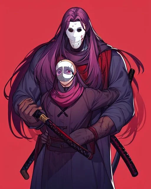 Man with Purple long hair, purple eyes with murderous intent, wears a mask around his neck without covering his mo, He wears an assassin's outfit, carries a katana, dark red background, his face is stained with blood on his cheeks, he has a calm and cold expression, and He is a 23-year-old man but has a light body and not that strong, You have a "Z" mark on your clothes, As I said, his body is not that heavy so he is very thin, being very normal compared to people.