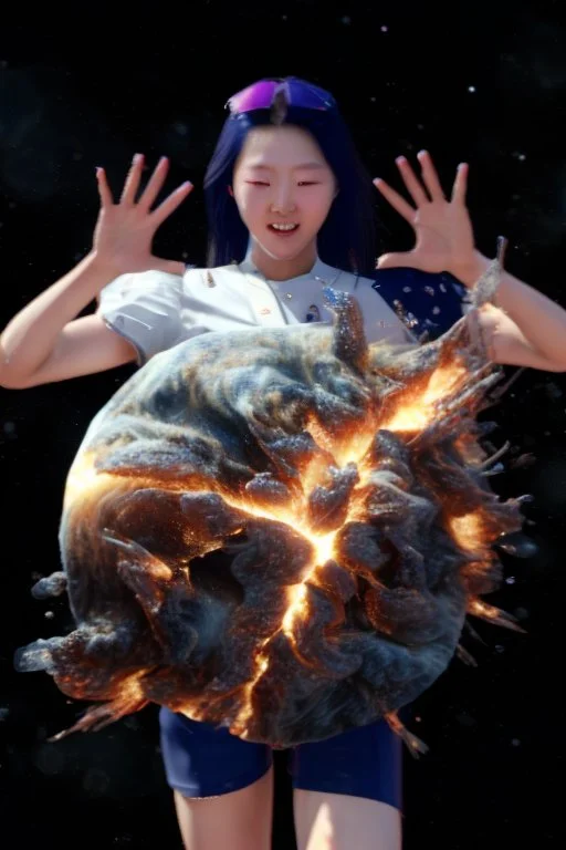 An image of a young Korean woman with a eyes closed expression happy, holding her hands up as if she is reacting to a catastrophic event in front of her. Film, cinematic, realistic, extreme depth of field, She is wearing a white blouse with detail, blue shorts, and sunglasses pushed up onto her head. In front of her, there is a highly detailed planet resembling Earth, dramatically cracking and breaking apart with fiery explosions and molten lava visible at the fractures.