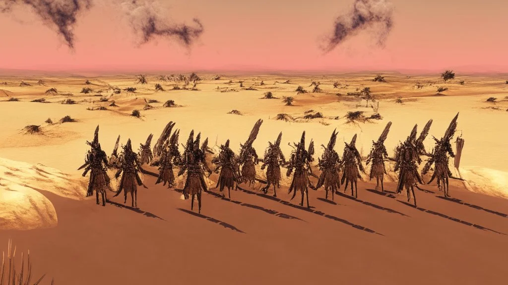 desert, comic style warriors from behind